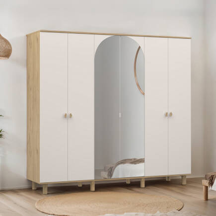 Bohem 6 Kapaklı Aynalı Gardırop - Florida Meşe/Vizon 240x226x60 cm - Adore Mobilya