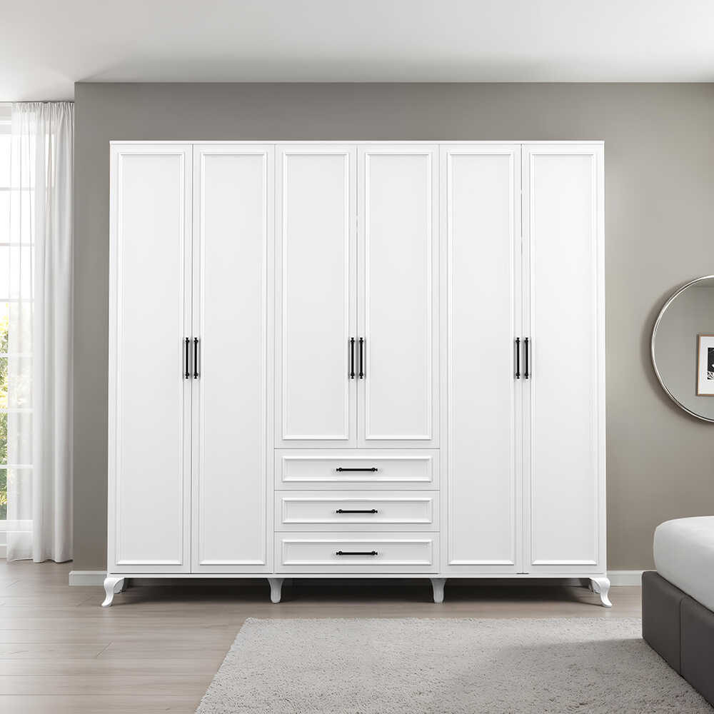 Country 6 Kapaklı 3 Çekmeceli Gardırop-Mat Lake Beyaz 240x224x62 cm (GxYxD) - Adore Mobilya