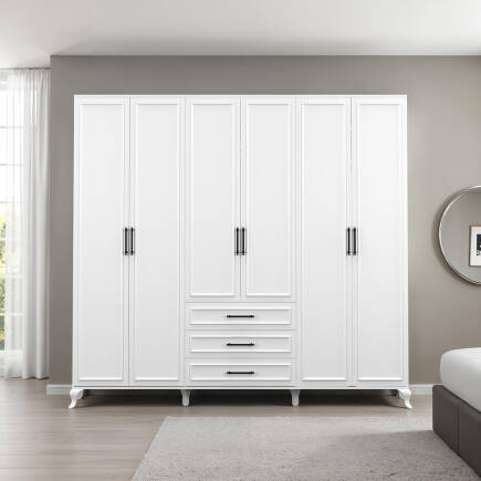 Country 6 Kapaklı 3 Çekmeceli Gardırop-Mat Lake Beyaz 240x224x62 cm (GxYxD) - Adore Mobilya