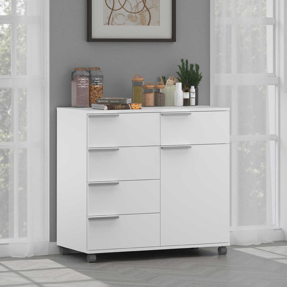 Diamond 5 Çekmeceli Tek Kapaklı Dolap-Parlak Lake Beyaz 85x81x44 cm (GxYxD) - Adore Mobilya