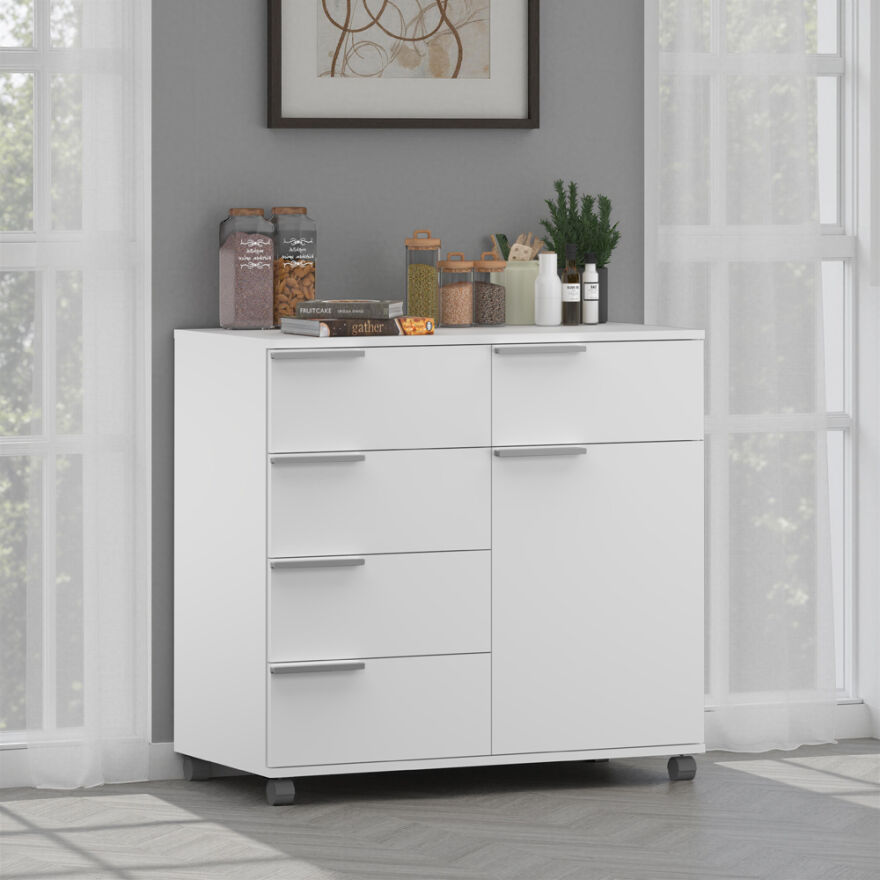 Diamond 5 Çekmeceli Tek Kapaklı Dolap-Parlak Lake Beyaz 85x81x44 cm (GxYxD) - 1