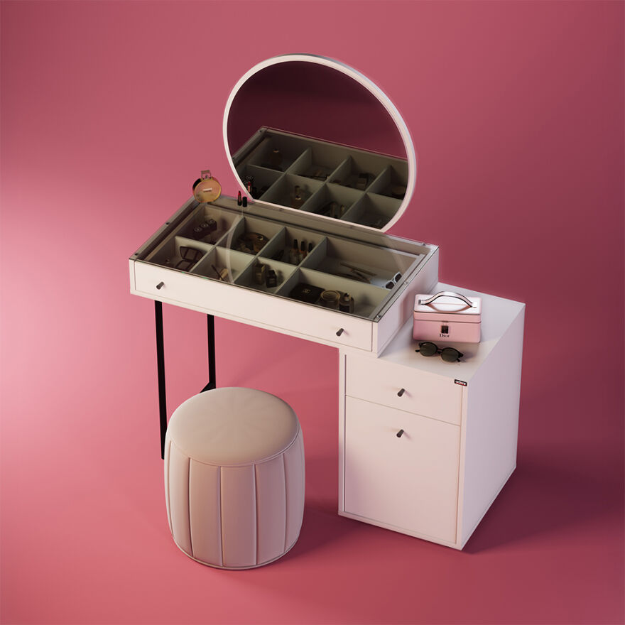 Dior Aynalı Makyaj Masası - Diamond Beyaz 108x134x47 cm - 2