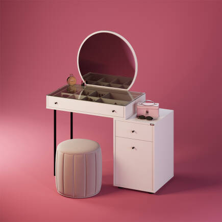 Dior Aynalı Makyaj Masası - Diamond Beyaz 108x134x47 cm - Adore Mobilya