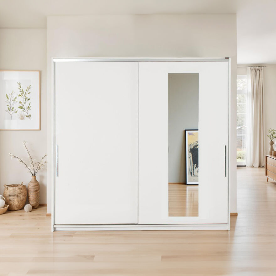 Elit Plus Aynalı Sürgülü Gardırop-Mat Beyaz 210x207x60 cm (GxYxD) - 1