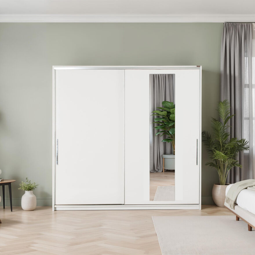 Elit Plus Aynalı Sürgülü Gardırop-Mat Beyaz 210x207x60 cm (GxYxD) - 1