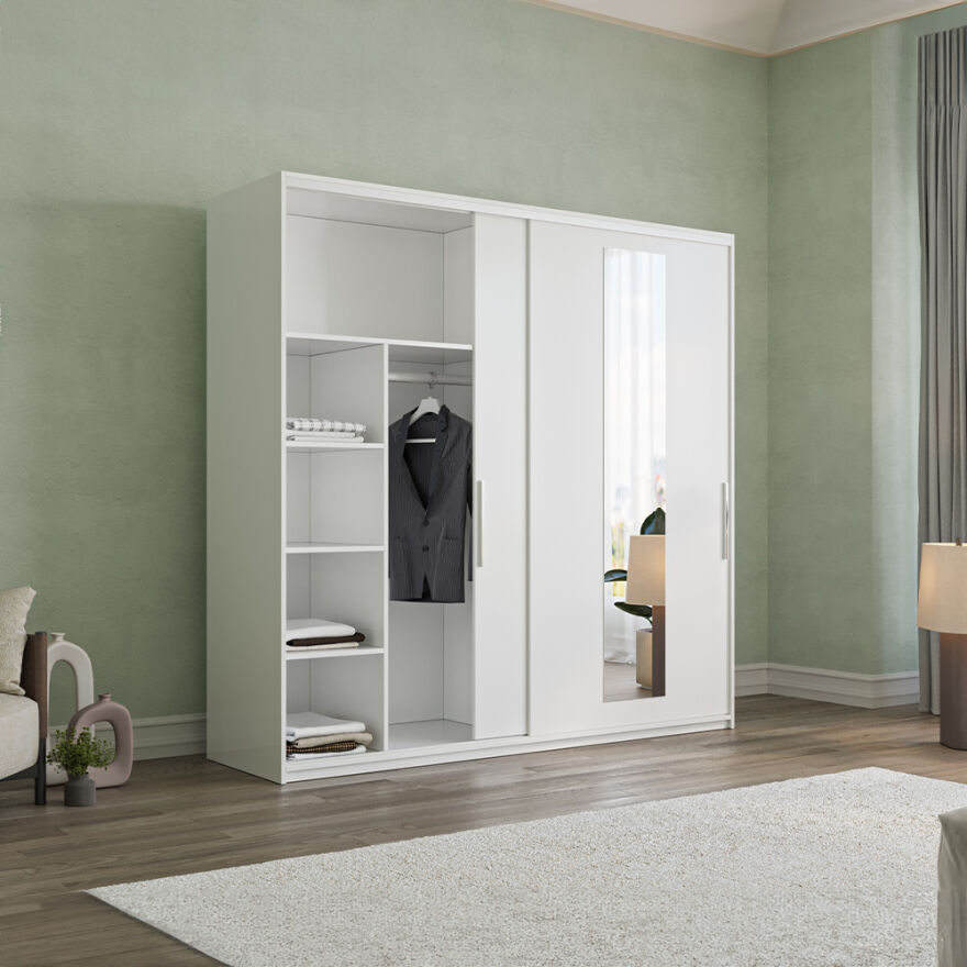Elit Plus Aynalı Sürgülü Gardırop-Mat Beyaz 210x207x60 cm (GxYxD) - 2