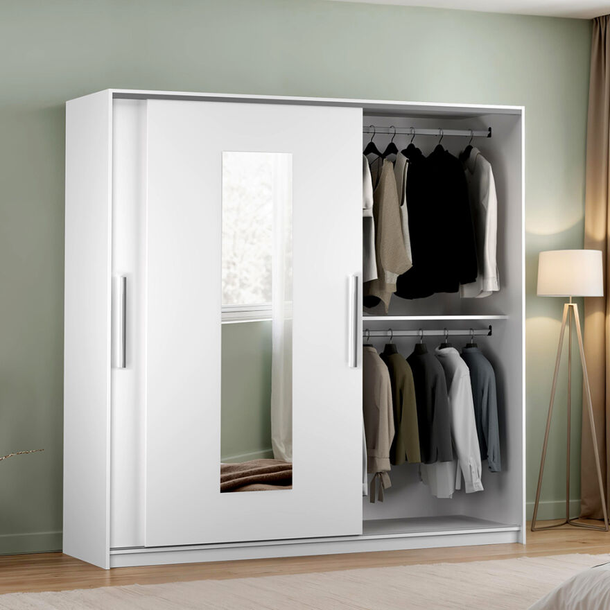 Elit Plus Aynalı Sürgülü Gardırop-Mat Beyaz 210x207x60 cm (GxYxD) - 2