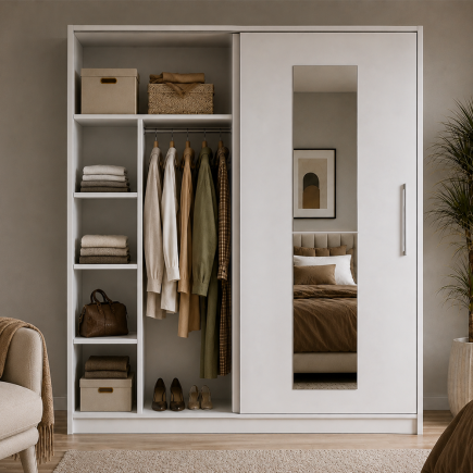 Elit Plus Aynalı Sürgülü Gardırop-Mat Beyaz 210x207x60 cm (GxYxD) - 4