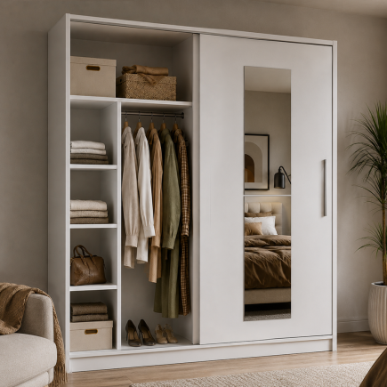 Elit Plus Aynalı Sürgülü Gardırop-Mat Beyaz 210x207x60 cm (GxYxD) (1)