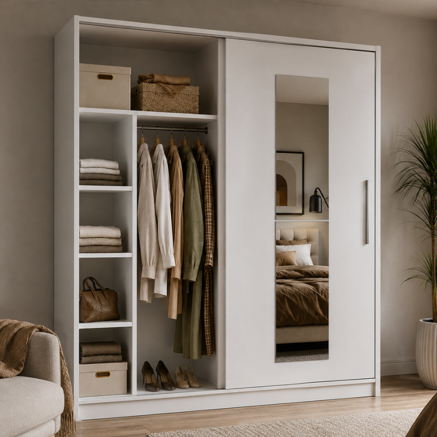 Elit Plus Aynalı Sürgülü Gardırop-Mat Beyaz 210x207x60 cm (GxYxD) - 2