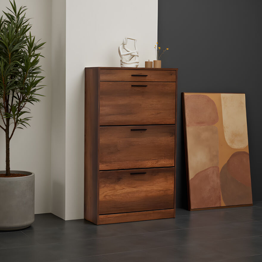 Flat Duo 3 Katlı Çekmeceli Ayakkabılık-Koyu Ceviz(Oslo Ceviz) 75x128x29 cm (GxYxD) - 1