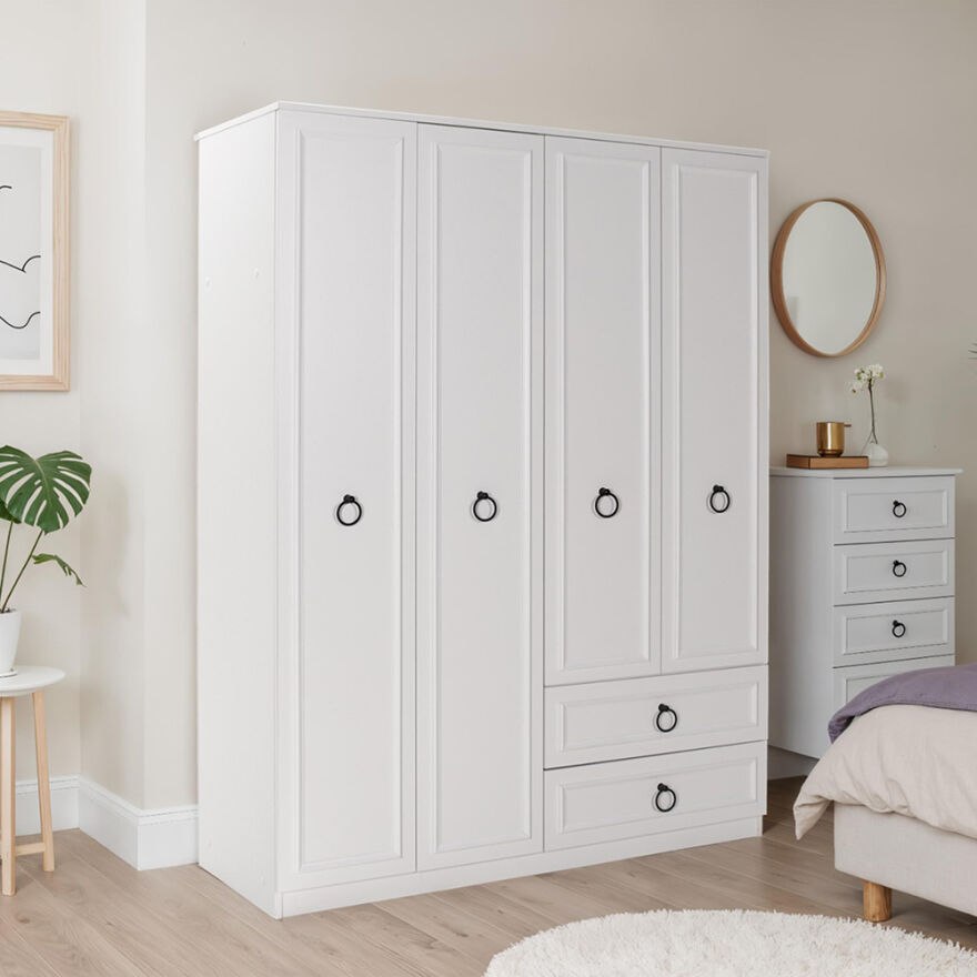 Hampton 4 Kapaklı 2 Çekmeceli Gardırop-Mat Beyaz 140x185x52 cm (GxYxD) - 1