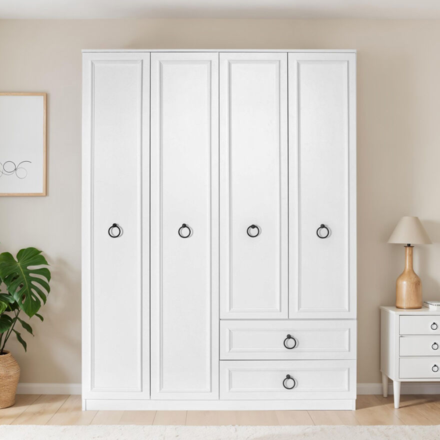 Hampton 4 Kapaklı 2 Çekmeceli Gardırop-Mat Beyaz 140x185x52 cm (GxYxD) - 3
