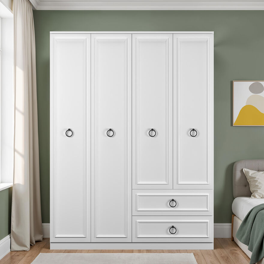 Hampton 4 Kapaklı 2 Çekmeceli Gardırop-Mat Beyaz 140x185x52 cm (GxYxD) - 3