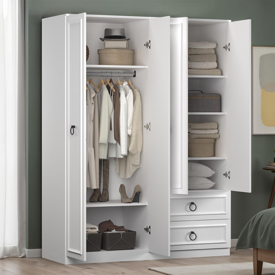 Hampton 4 Kapaklı 2 Çekmeceli Gardırop-Mat Beyaz 140x185x52 cm (GxYxD) - 2