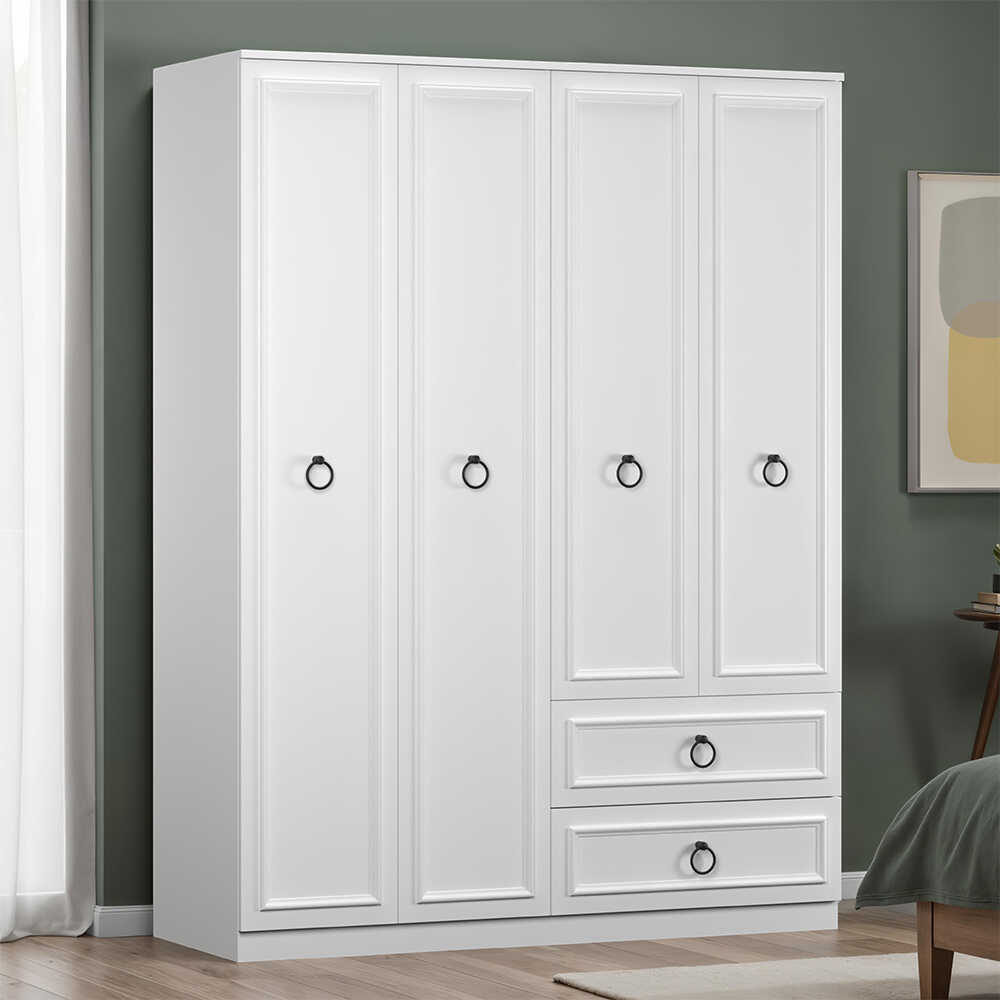 Hampton 4 Kapaklı 2 Çekmeceli Gardırop-Mat Beyaz 140x185x52 cm (GxYxD) - Adore Mobilya