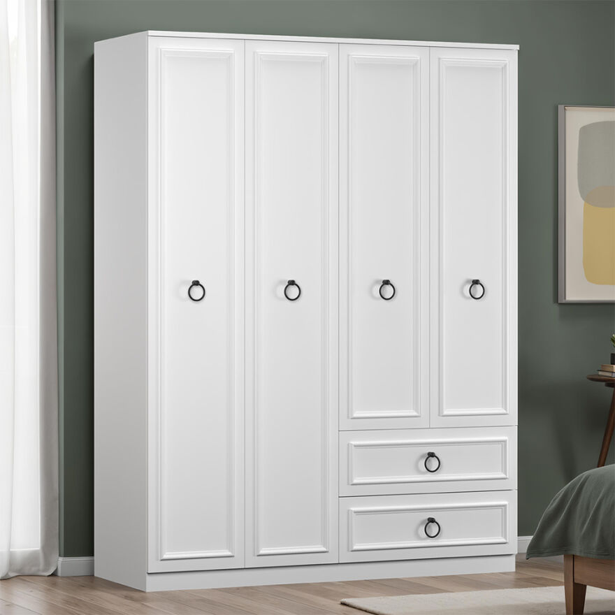 Hampton 4 Kapaklı 2 Çekmeceli Gardırop-Mat Beyaz 140x185x52 cm (GxYxD) - 1