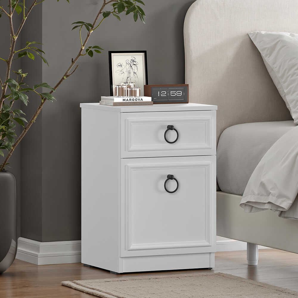 Hampton Çekmeceli Kapaklı Komodin-Mat Beyaz 40x63x38 cm (GxYxD) - Adore Mobilya