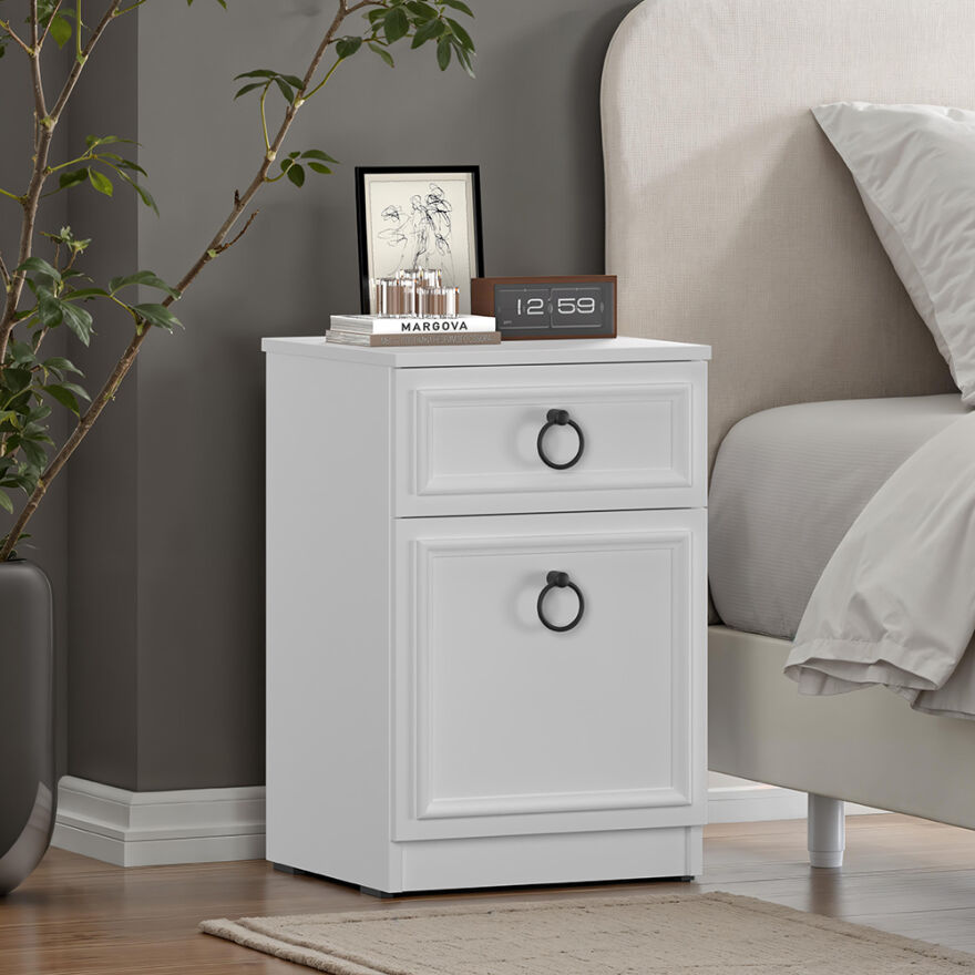 Hampton Çekmeceli Kapaklı Komodin-Mat Beyaz 40x63x38 cm (GxYxD) - 1