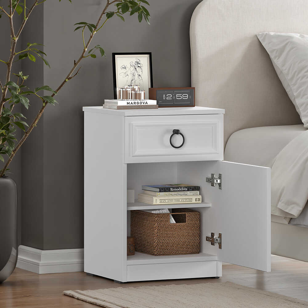 Hampton Çekmeceli Kapaklı Komodin-Mat Beyaz 40x63x38 cm (GxYxD) - Adore Mobilya (1)