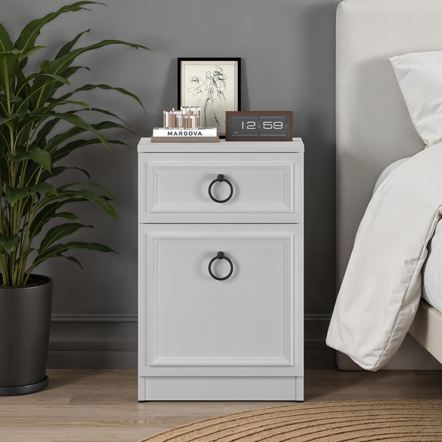 Hampton Çekmeceli Kapaklı Komodin-Mat Beyaz 40x63x38 cm (GxYxD) - 3