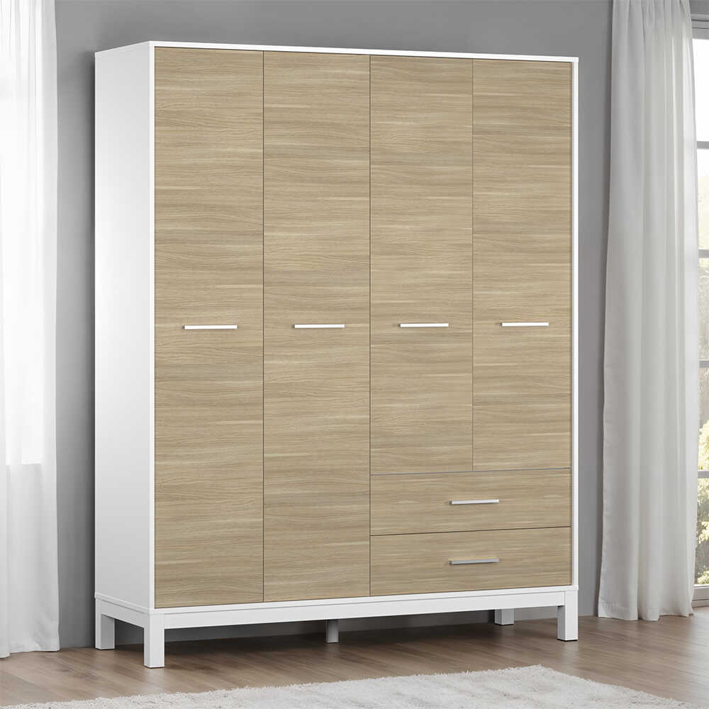 London 4 Kapaklı 2 Çekmeceli Gardırop-Meşe-Beyaz 159x202x52 cm (GxYxD) - Adore Mobilya