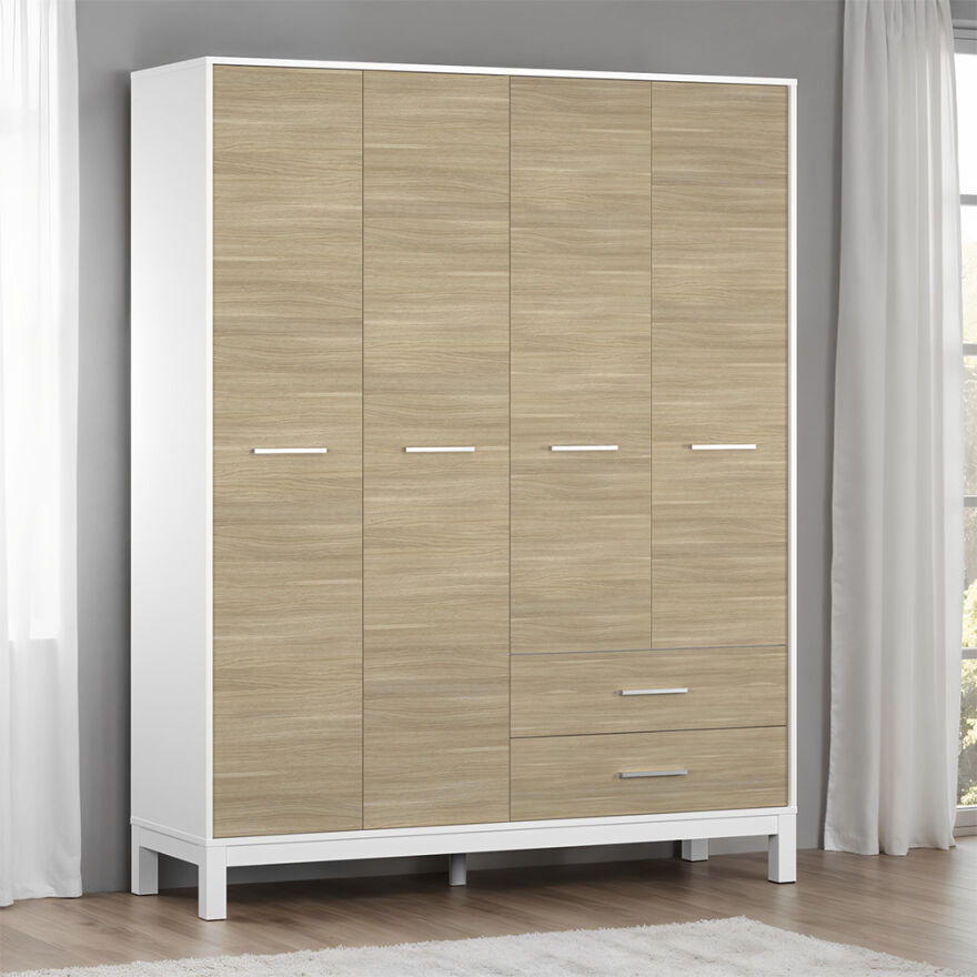 London 4 Kapaklı 2 Çekmeceli Gardırop-Meşe-Beyaz 159x202x52 cm (GxYxD) - 1