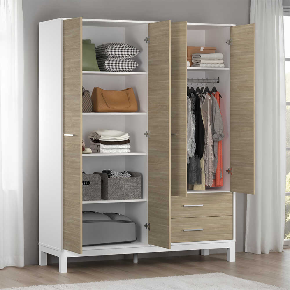 London 4 Kapaklı 2 Çekmeceli Gardırop-Meşe-Beyaz 159x202x52 cm (GxYxD) - Adore Mobilya (1)