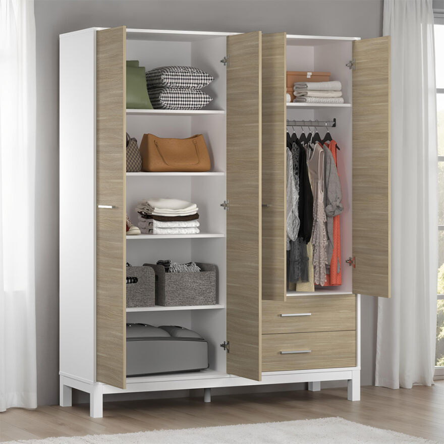 London 4 Kapaklı 2 Çekmeceli Gardırop-Meşe-Beyaz 159x202x52 cm (GxYxD) - 2