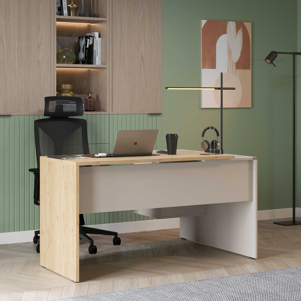 Madrid 3 Çekmeceli L Çalışma Masası - Florida Meşe/Vizon 140x75x107 cm - Adore Mobilya
