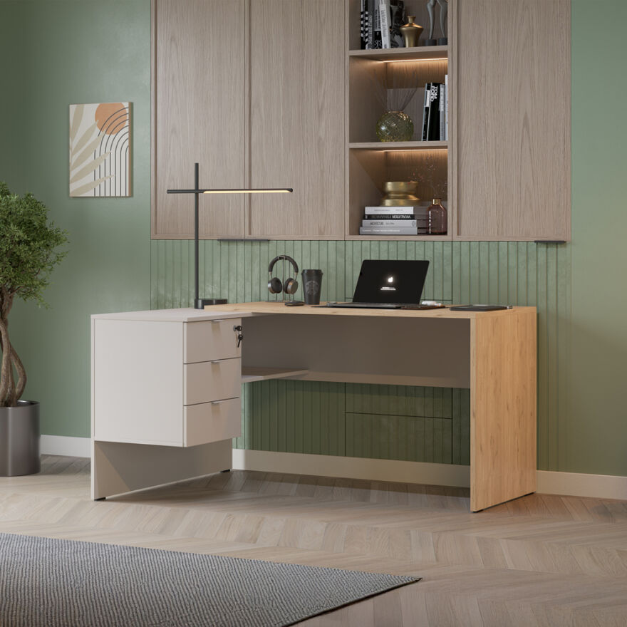 Madrid 3 Çekmeceli L Çalışma Masası - Florida Meşe/Vizon 140x75x107 cm - 4