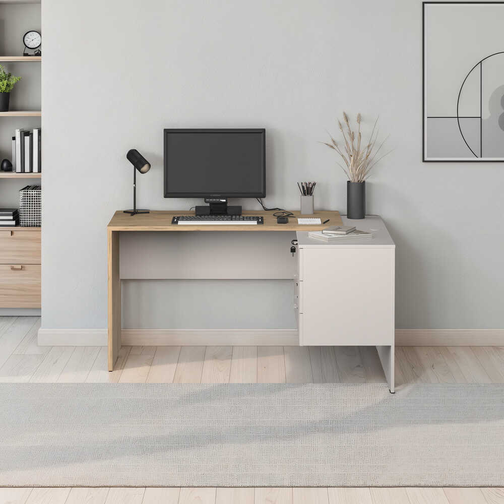 Madrid 3 Çekmeceli L Çalışma Masası - Florida Meşe/Vizon 140x75x107 cm - Adore Mobilya (1)