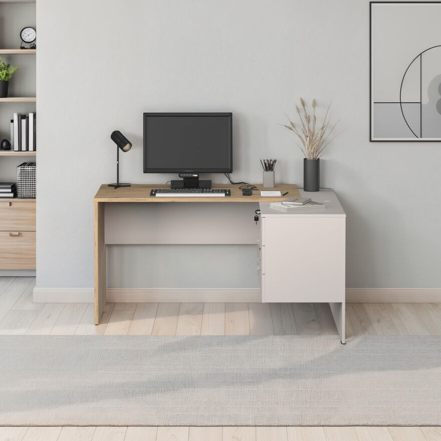 Madrid 3 Çekmeceli L Çalışma Masası - Florida Meşe/Vizon 140x75x107 cm - 2