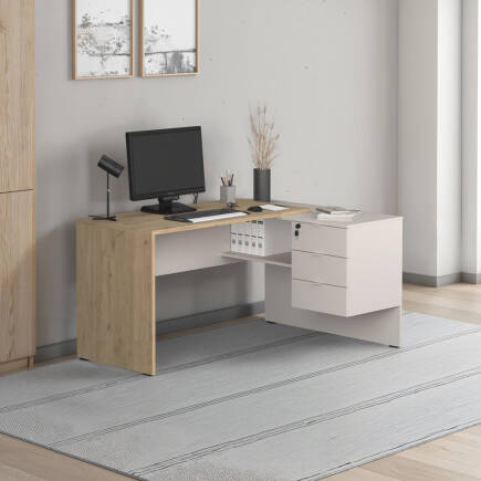 Madrid 3 Çekmeceli L Çalışma Masası - Florida Meşe/Vizon 140x75x107 cm - 1