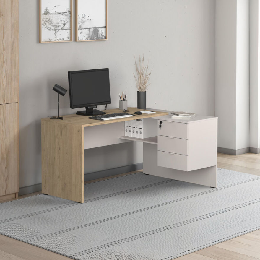 Madrid 3 Çekmeceli L Çalışma Masası - Florida Meşe/Vizon 140x75x107 cm - 1