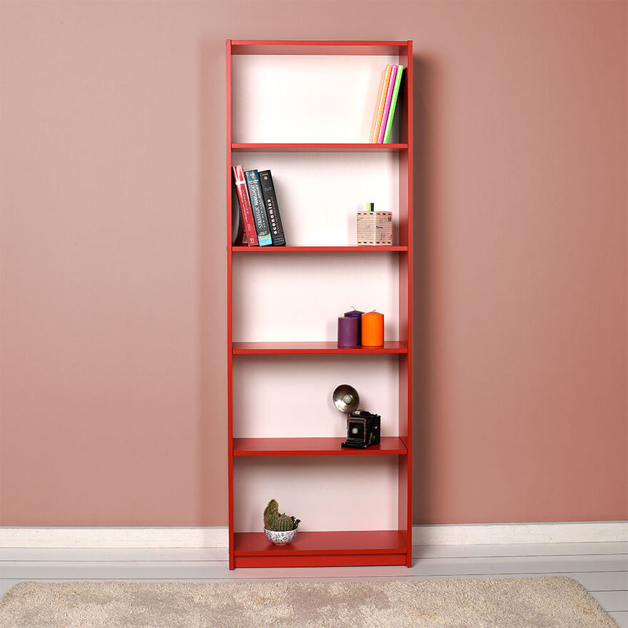 Modern 5 Raflı Kitaplık - Kırmızı 64x182x26 cm (GxYxD) - 5