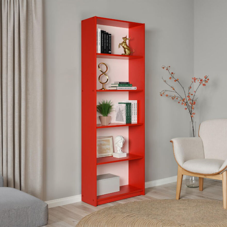 Modern 5 Raflı Kitaplık - Kırmızı 64x182x26 cm (GxYxD) - 1