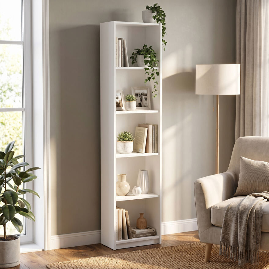 Modern 5 Raflı Kitaplık - Beyaz 43x182x26 cm - 1