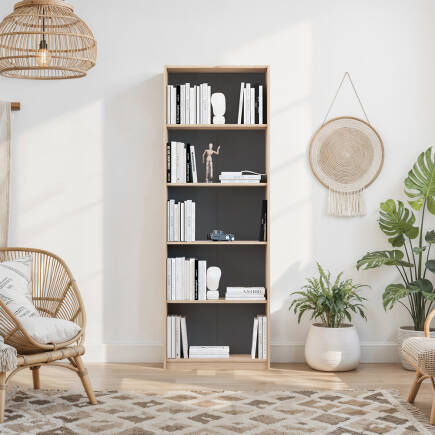 Modern 5 Raflı Kitaplık - Florida Meşe 64x182x26 cm - 2