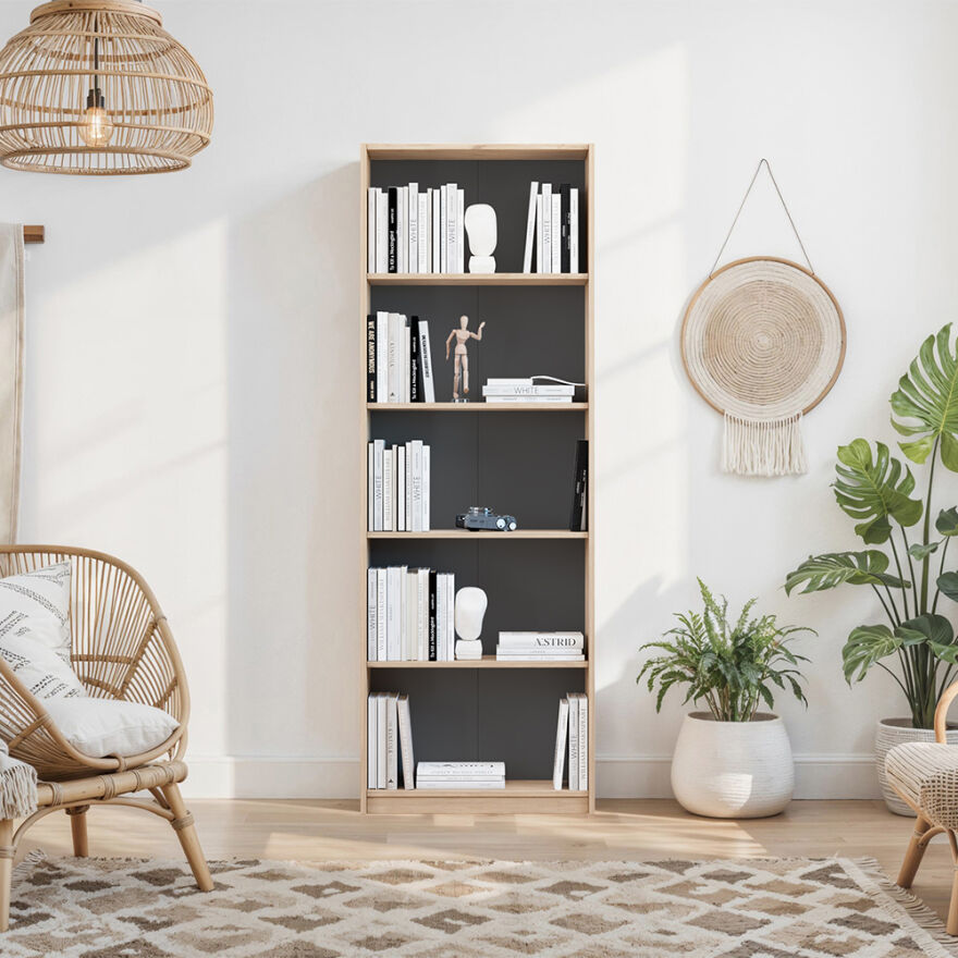 Modern 5 Raflı Kitaplık - Florida Meşe 64x182x26 cm - 2