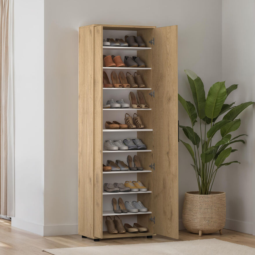 Porto 10 Bölmeli 2 Kapılı Aynalı Ayakkabılık - Florida Meşe 60x187x36 cm - 2