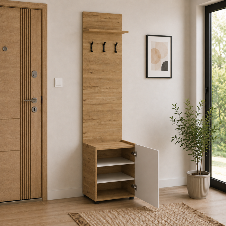 Porto Tek Kapaklı 3 Askılı Vestiyer - Florida Meşe/Vizon 51x210x34 cm - 2