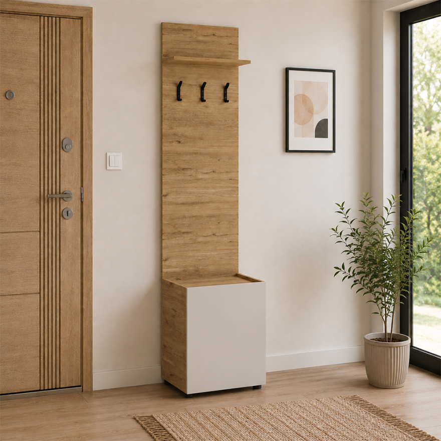 Porto Tek Kapaklı 3 Askılı Vestiyer - Florida Meşe/Vizon 51x210x34 cm - 1