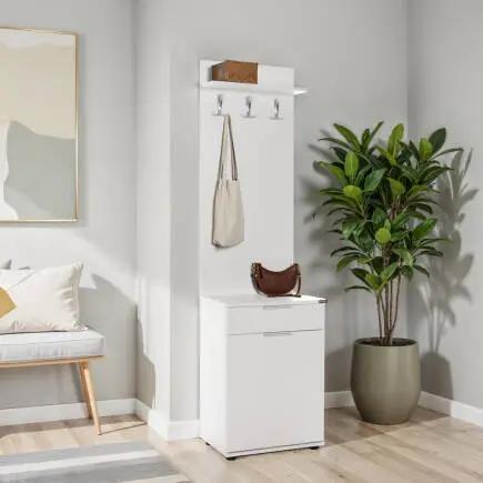 Porto Tek Kapaklı Çekmeceli Portmanto ve Ayakkabılık-Mat Beyaz 52x187x36 cm (GxYxD) 
