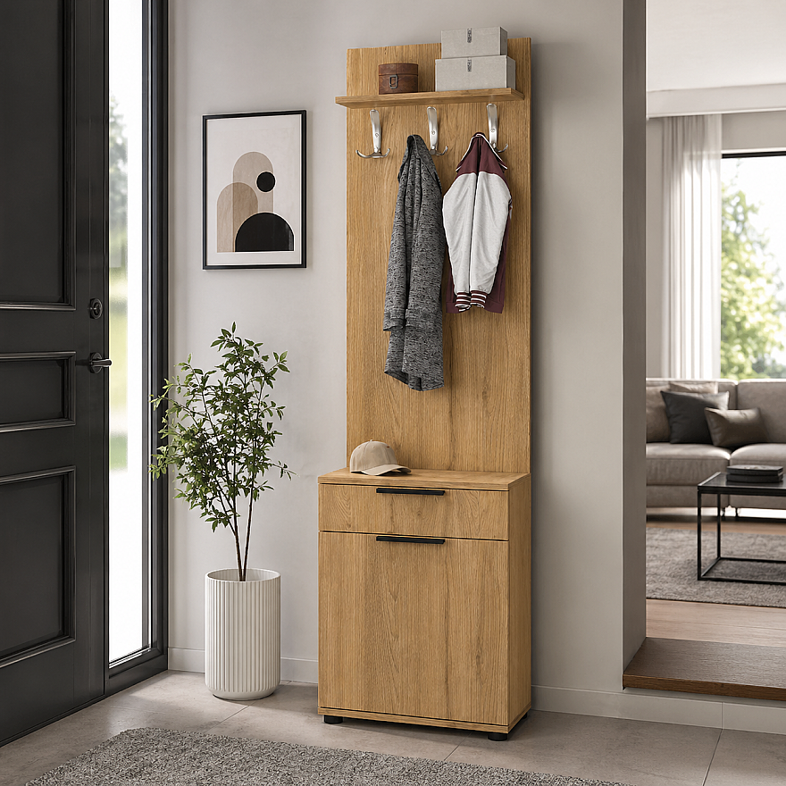 Porto Tek Kapılı Çekmeceli Portmanto ve Ayakkabı Dolabı Florida Meşe 52x187x36 cm - 1
