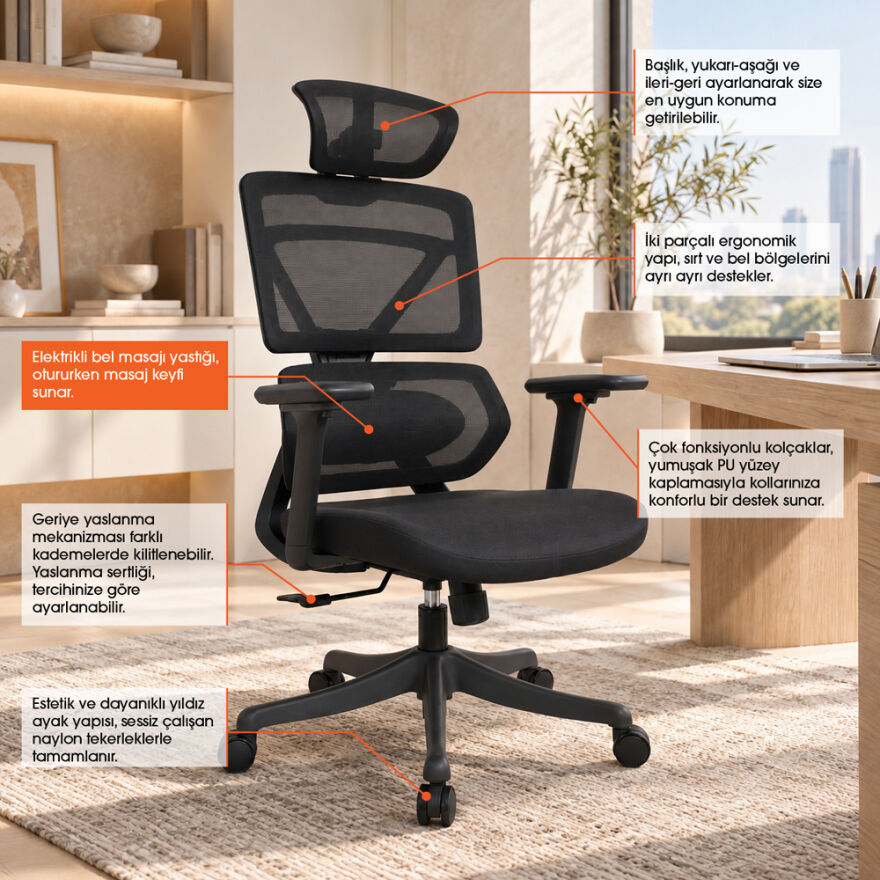 Pro-Tech Ultra Ergonomik Yönetici ve Çalışma Koltuğu - Siyah 70x113-124x69 cm - 10