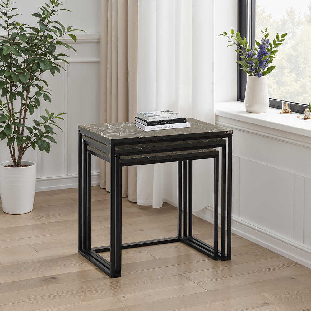 Profile 3'lü Zigon Sehpa - Mermer Desenli 55x57x40 cm (GxYxD)