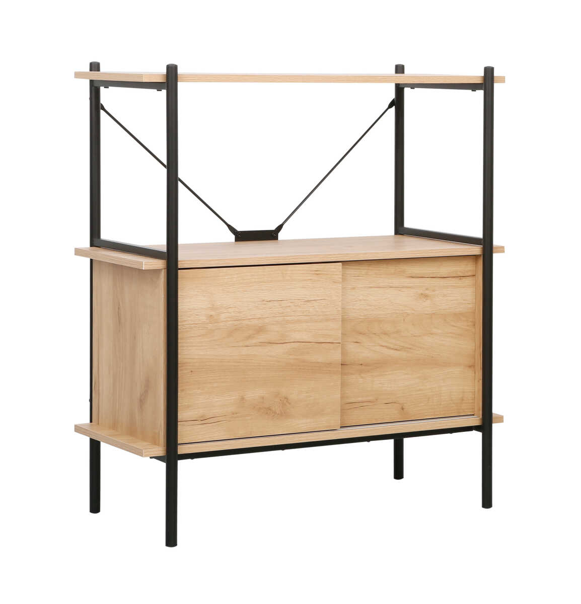 Retro 2 Raflı Sürgü Kapaklı Metal Kitaplık - Ceviz/Siyah 80x92x40 cm