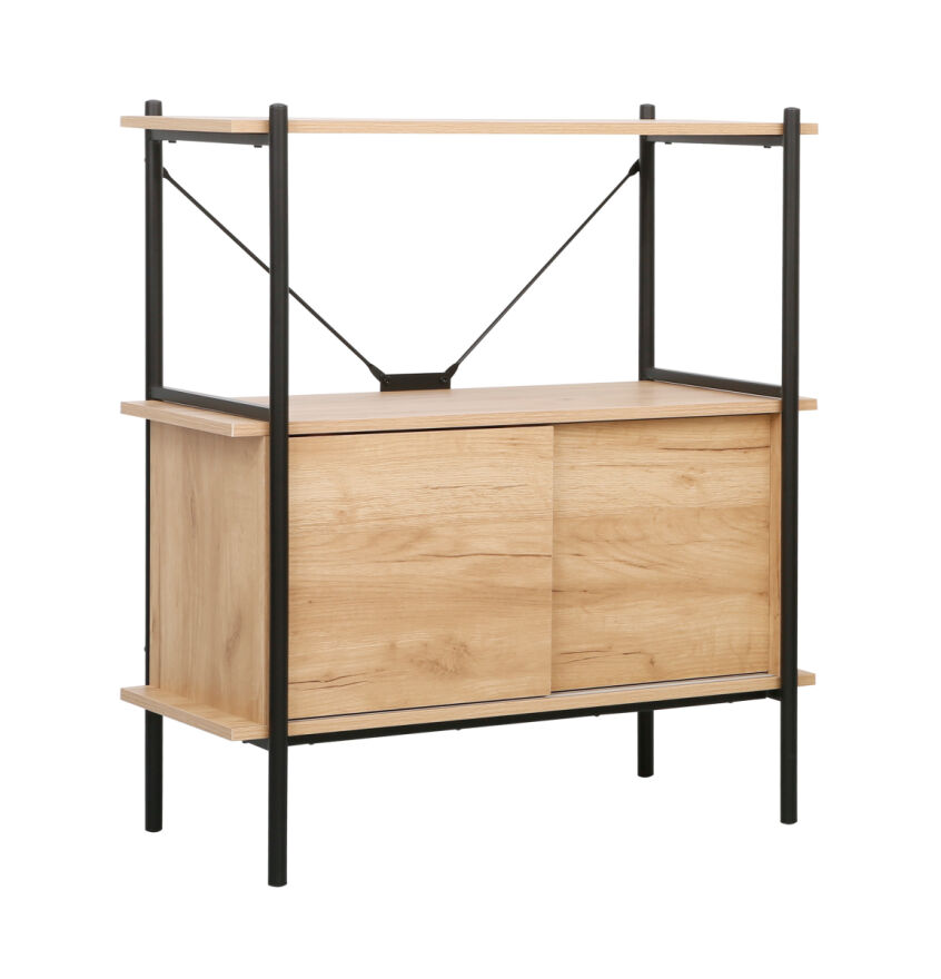 Retro 2 Raflı Sürgü Kapaklı Metal Kitaplık - Ceviz/Siyah 80x92x40 cm - 1