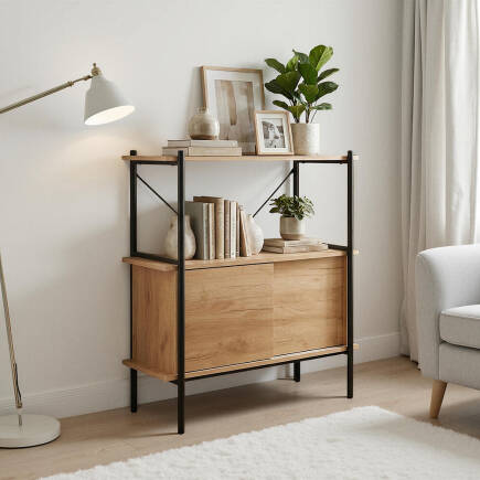 Retro 2 Raflı Sürgü Kapaklı Metal Kitaplık - Ceviz/Siyah 80x92x40 cm - Adore Mobilya